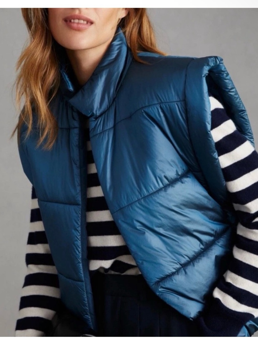 Anthropologie Pilero Packable Puffer Vest Side Tie Metallic
Blue One Size